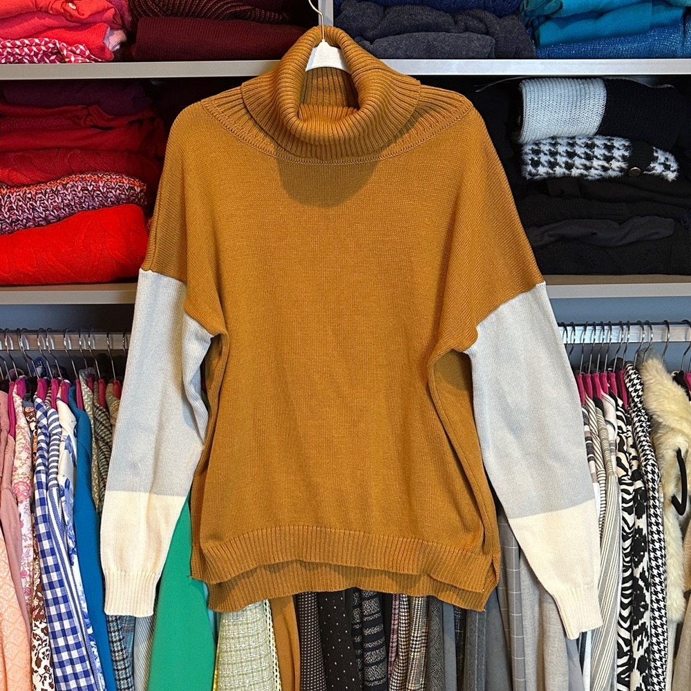 Pink Lily brown/blue/ivory colorblock long sleeve turtleneck sweater size M